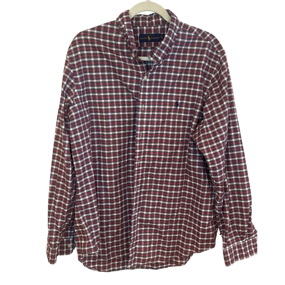 Ralph‎ Lauren Mens XL Plaid Button Down Red White Navy Blue Long Sleeve Pony